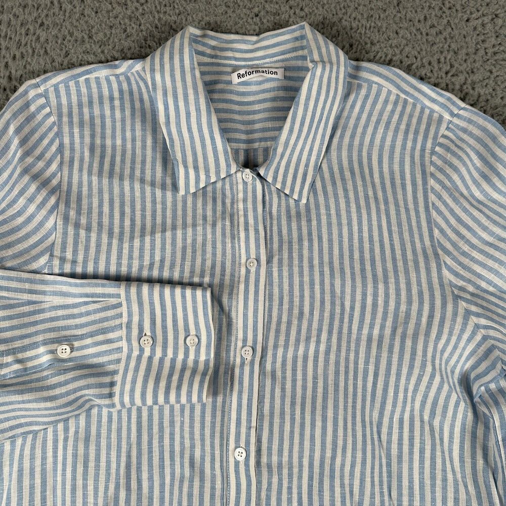Reformation Womens Shirt Large 100% Linen Striped Button Down Front Tie
